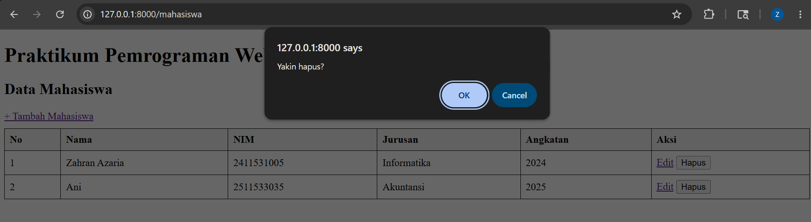 Tampilan Hapus mahasiswa